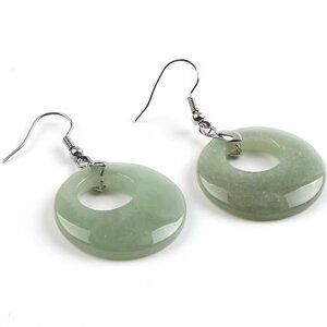 Green Aventurine Natural Stone Gemstone Round Hollow Healing Dangle Earrings